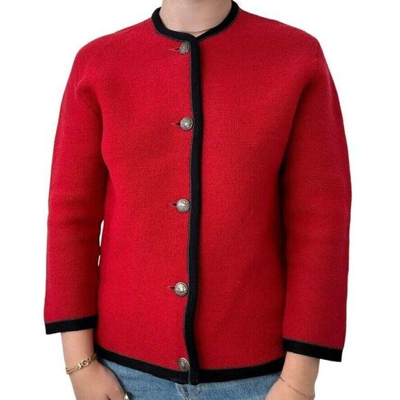 Vintage 1950s Womens Austrian Bavarian Boiled Wool Cherry Red Cardigan Jacket - Picture 1 of 8